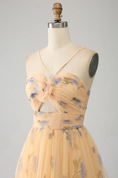 Beaira Yellow A-Line Halter Pleated Tulle Tiered Prom Dress With Embroidery