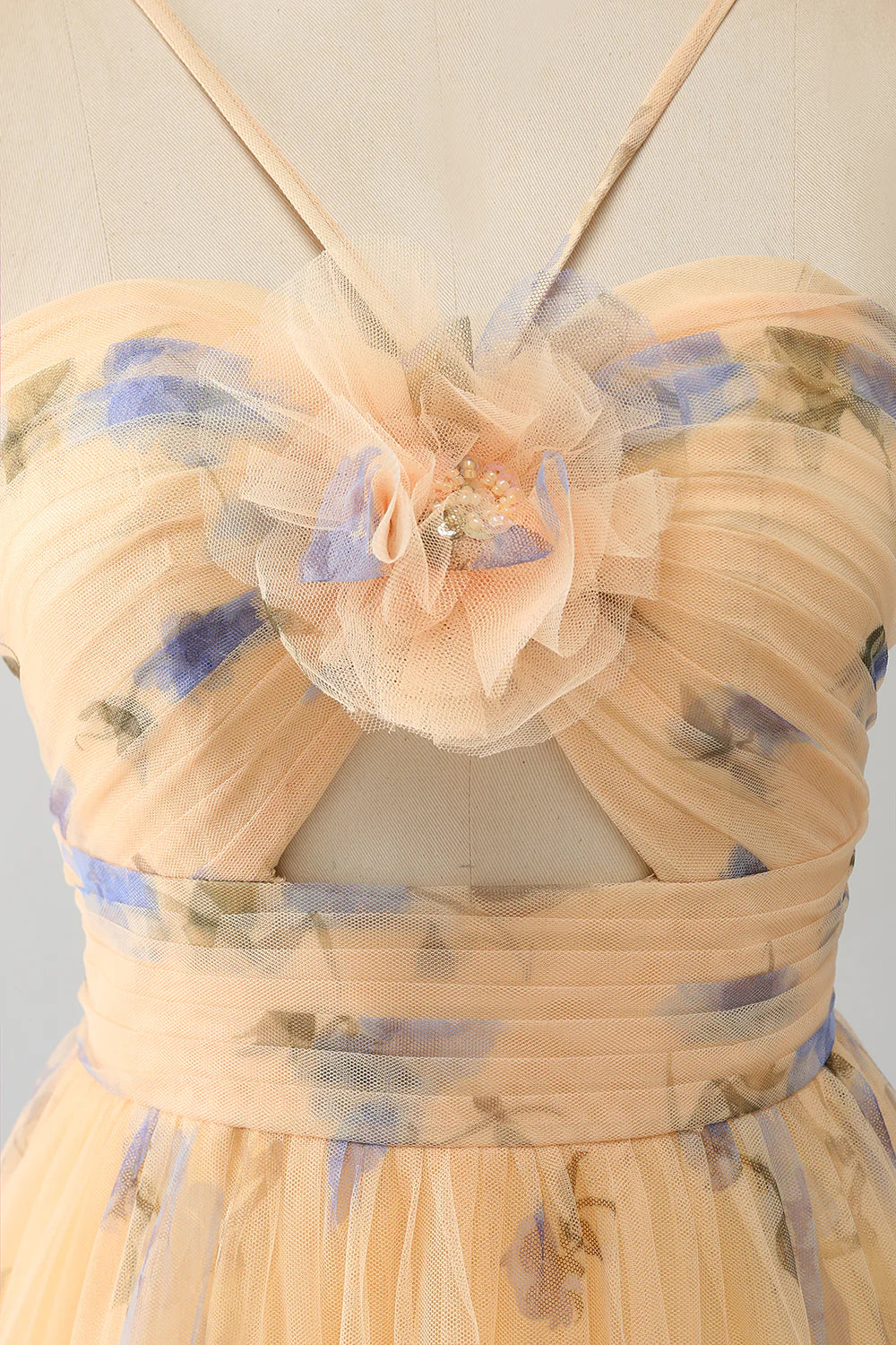 Beaira Yellow A-Line Halter Pleated Tulle Tiered Prom Dress With Embroidery