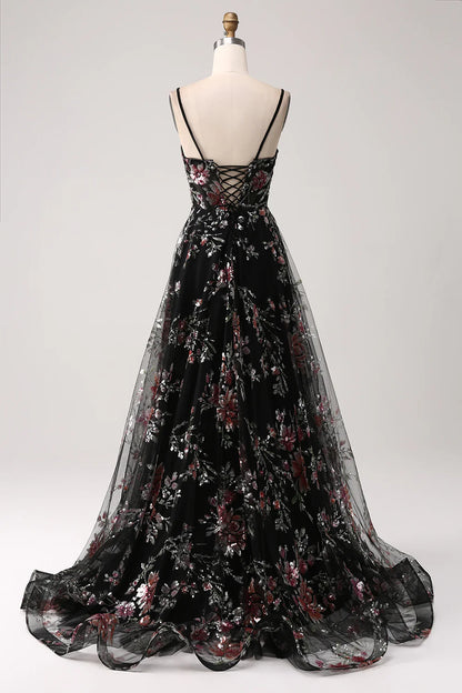 Beaira Black A-Line Flower Sequins Long Corset Prom Dress