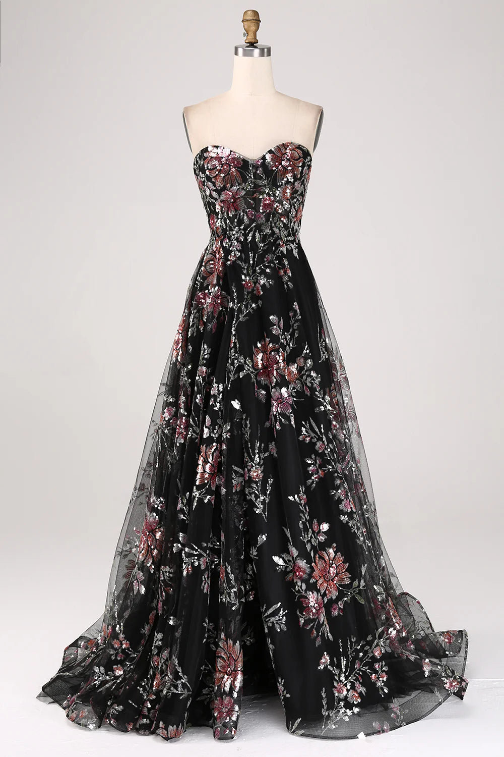 Beaira Black A-Line Flower Sequins Long Corset Prom Dress