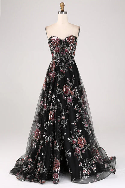 Beaira Black A-Line Flower Sequins Long Corset Prom Dress