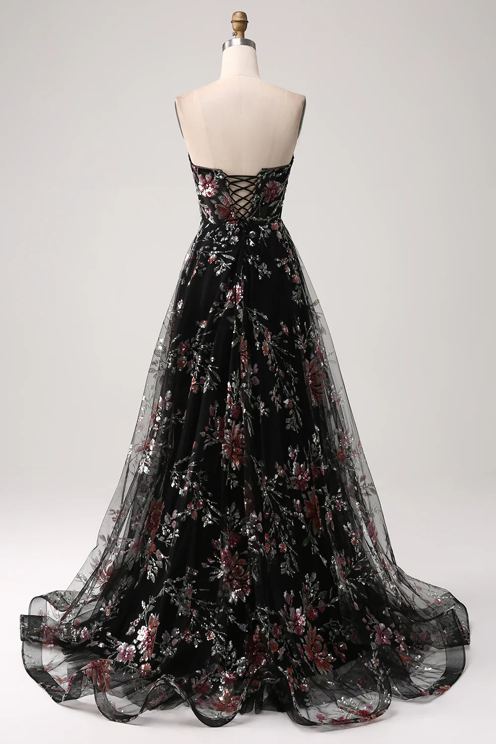 Beaira Black A-Line Flower Sequins Long Corset Prom Dress