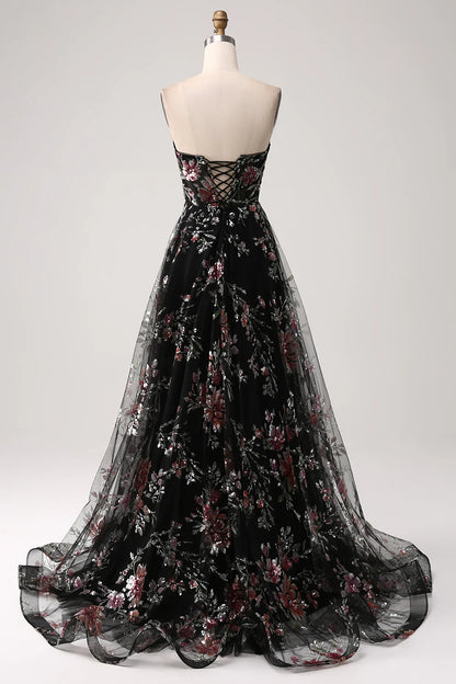 Beaira Black A-Line Flower Sequins Long Corset Prom Dress