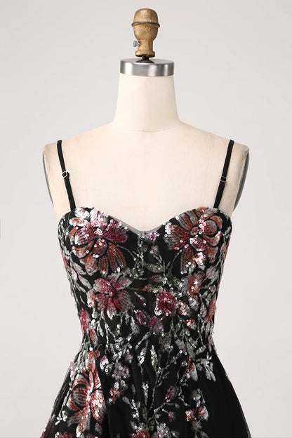 Beaira Black A-Line Flower Sequins Long Corset Prom Dress