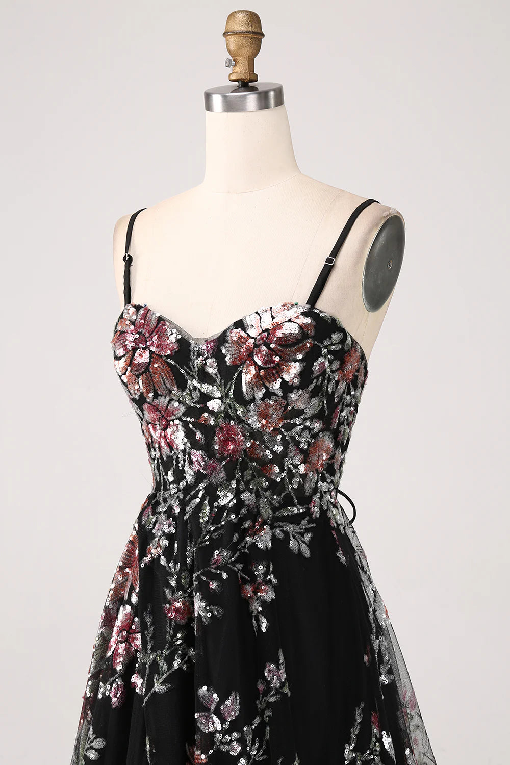 Beaira Black A-Line Flower Sequins Long Corset Prom Dress