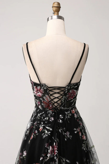 Beaira Black A-Line Flower Sequins Long Corset Prom Dress