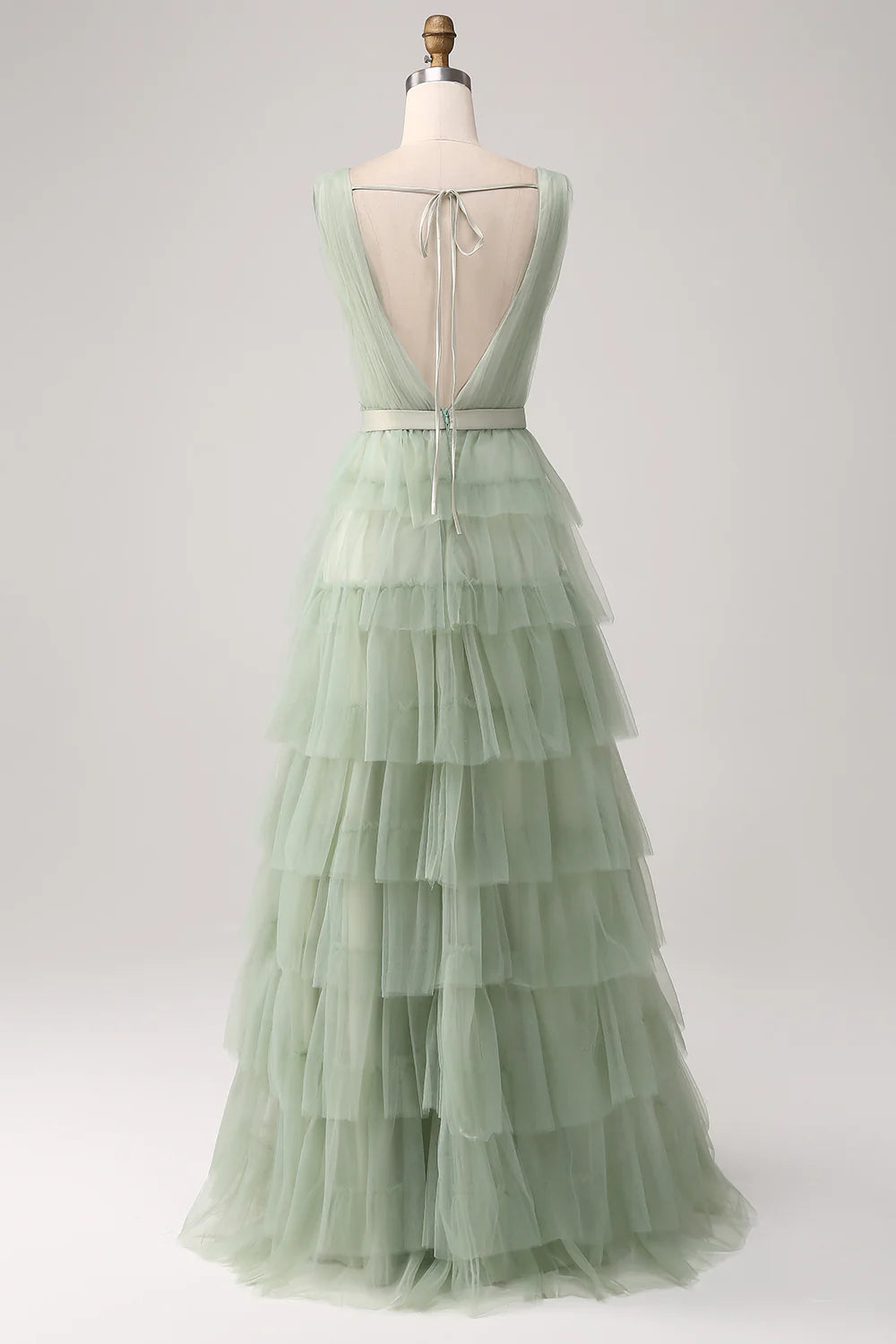 Beaira Pleated Tiered Green Prom Dress with Slit