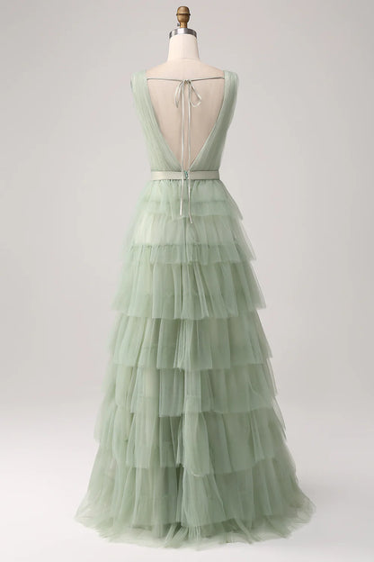 Beaira Pleated Tiered Green Prom Dress with Slit