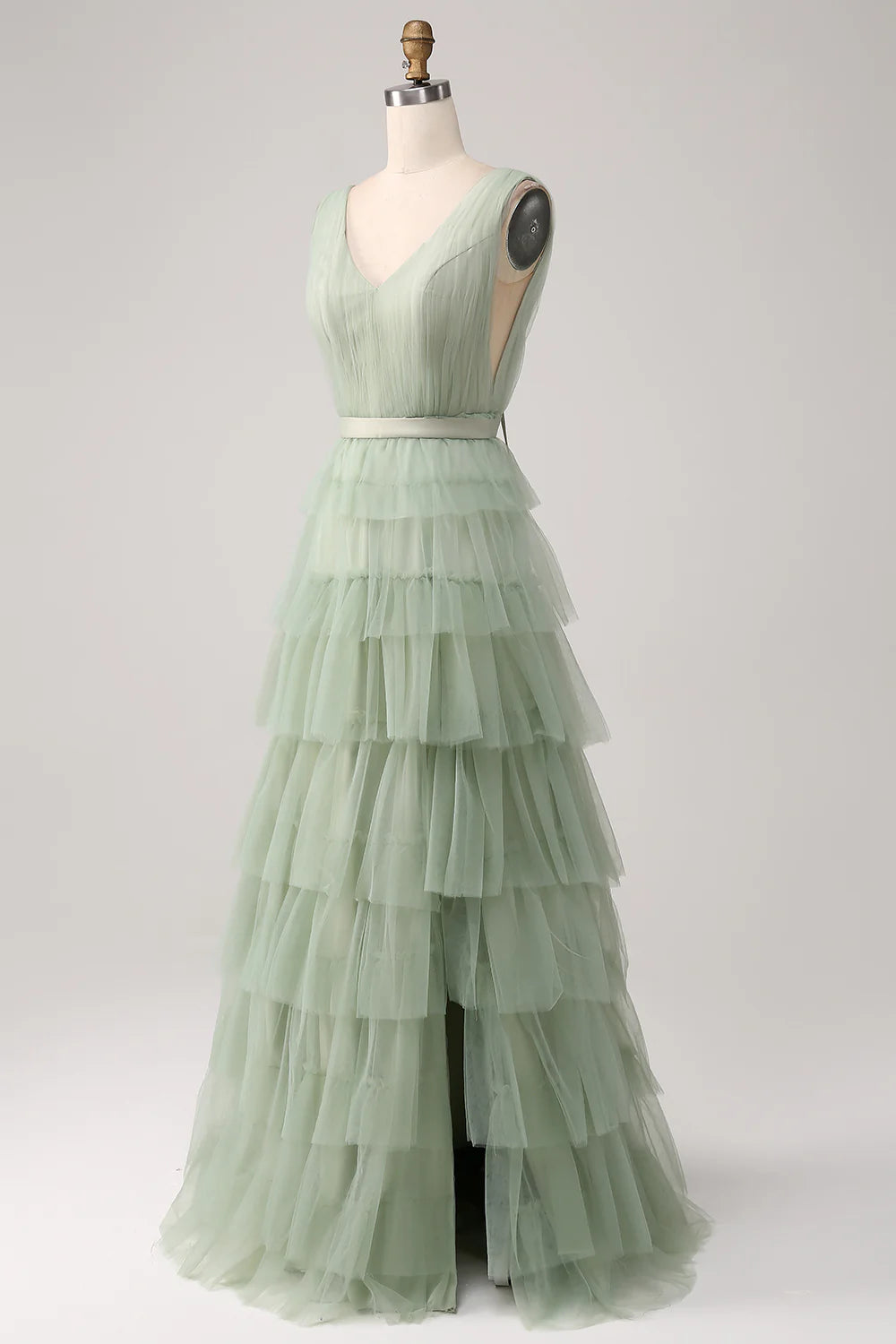 Beaira Pleated Tiered Green Prom Dress with Slit