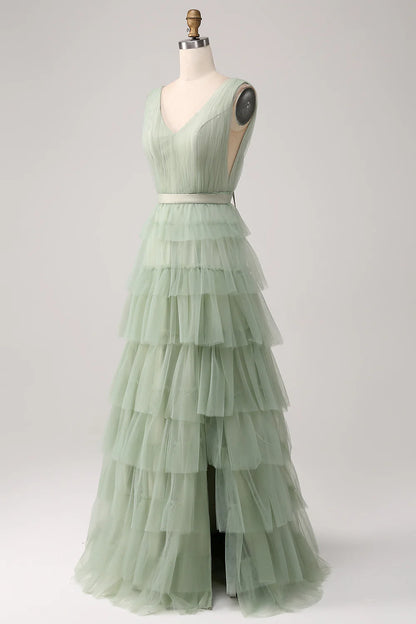 Beaira Pleated Tiered Green Prom Dress with Slit