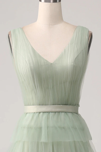 Beaira Pleated Tiered Green Prom Dress with Slit