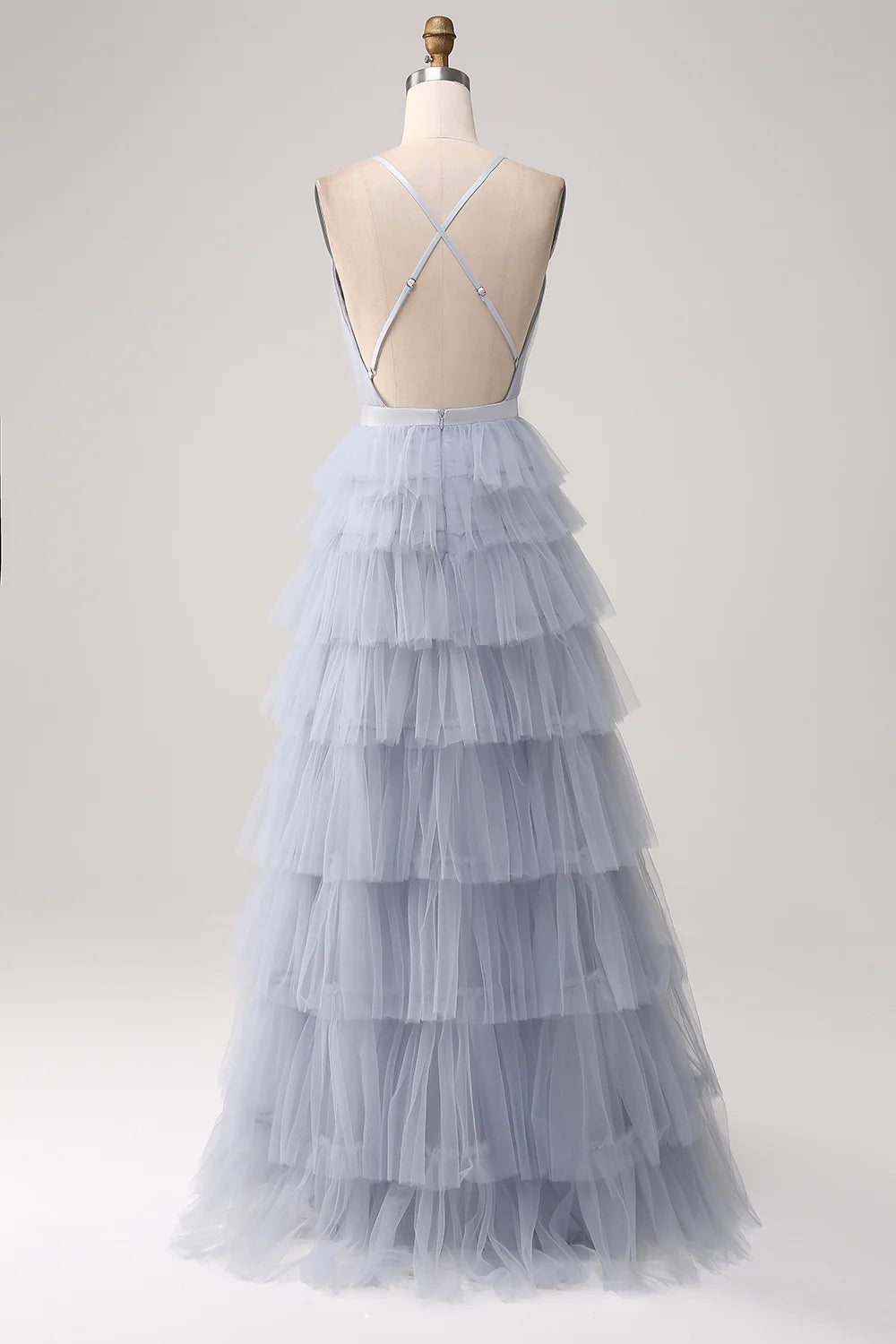Beaira Grey Blue A Line Tiered Tulle Backless Long Prom Dress