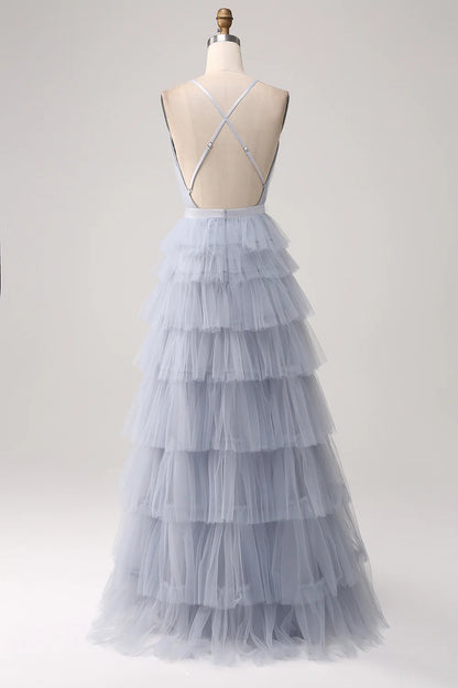 Beaira Grey Blue A Line Tiered Tulle Backless Long Prom Dress