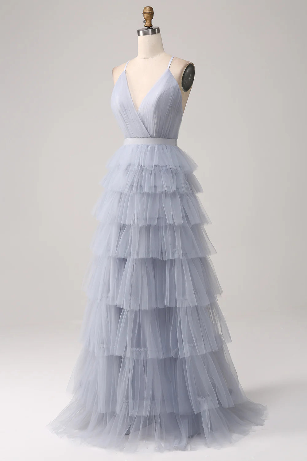 Beaira Grey Blue A Line Tiered Tulle Backless Long Prom Dress
