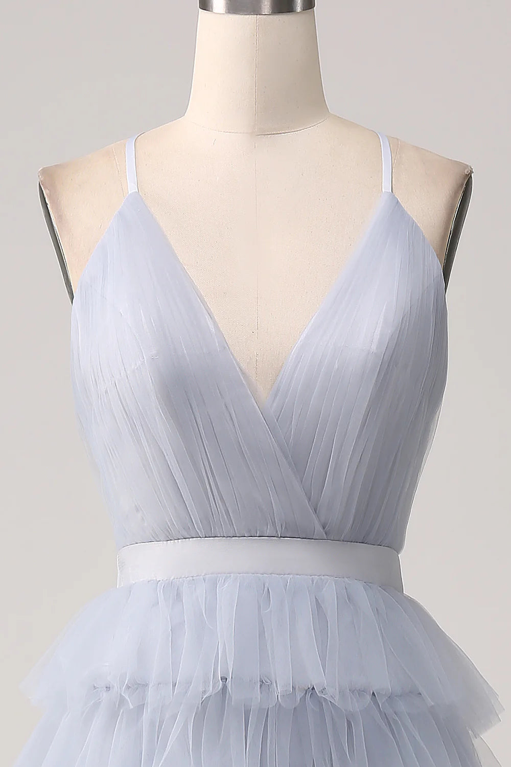 Beaira Grey Blue A Line Tiered Tulle Backless Long Prom Dress