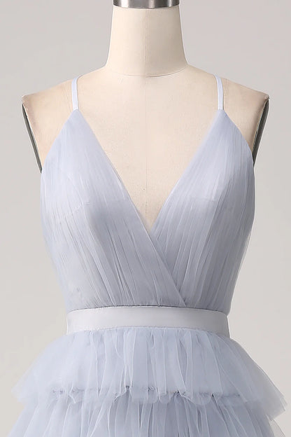 Beaira Grey Blue A Line Tiered Tulle Backless Long Prom Dress