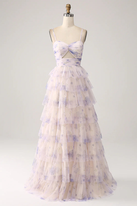 Beaira Lavender Flower Tiered Princess Long Prom Dress