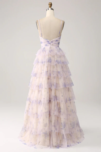 Beaira Lavender Flower Tiered Princess Long Prom Dress