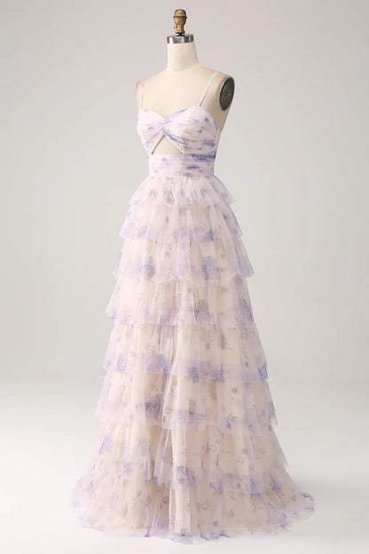 Beaira Lavender Flower Tiered Princess Long Prom Dress