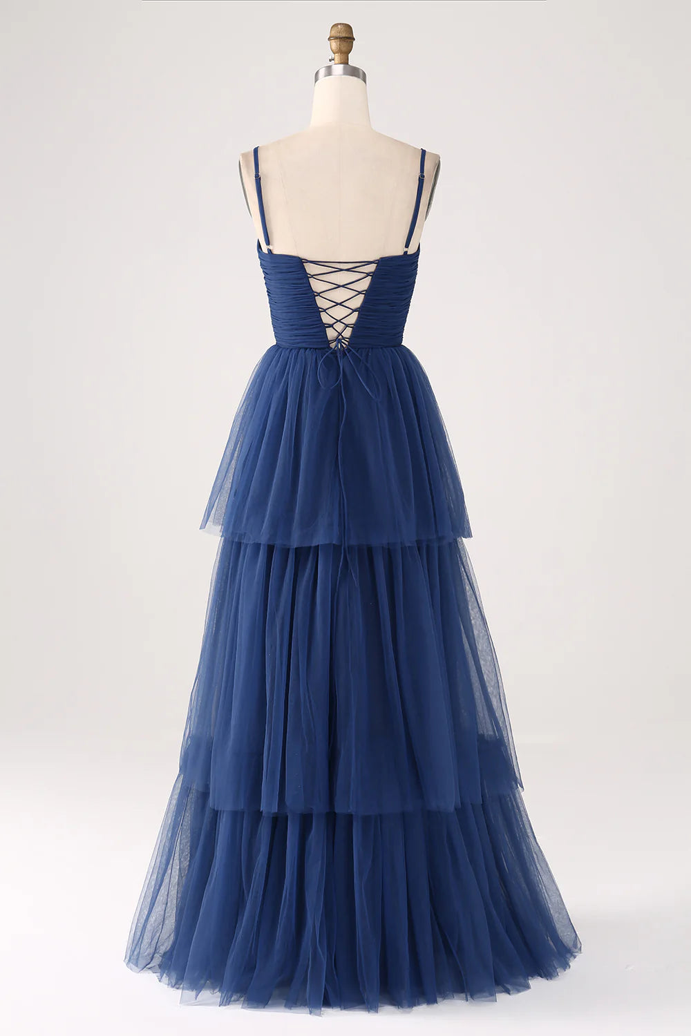 Beaira A Line Spaghetti Straps Tiered Tulle Pleated Prom Dress with Slit