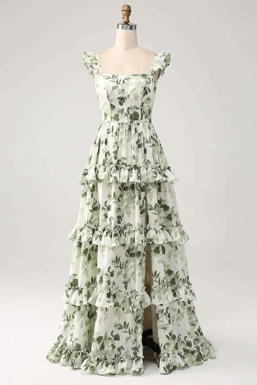 Beaira Green Floral Ruffles Tiered Prom Dress with Slit