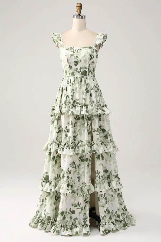 Beaira Green Floral Ruffles Tiered Prom Dress with Slit