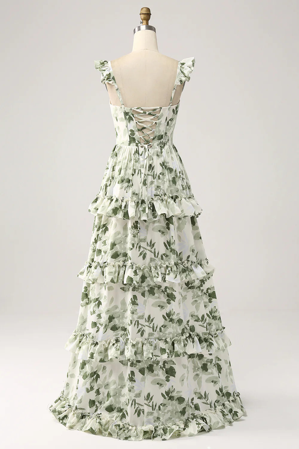 Beaira Green Floral Ruffles Tiered Prom Dress with Slit