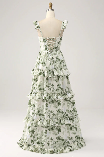 Beaira Green Floral Ruffles Tiered Prom Dress with Slit