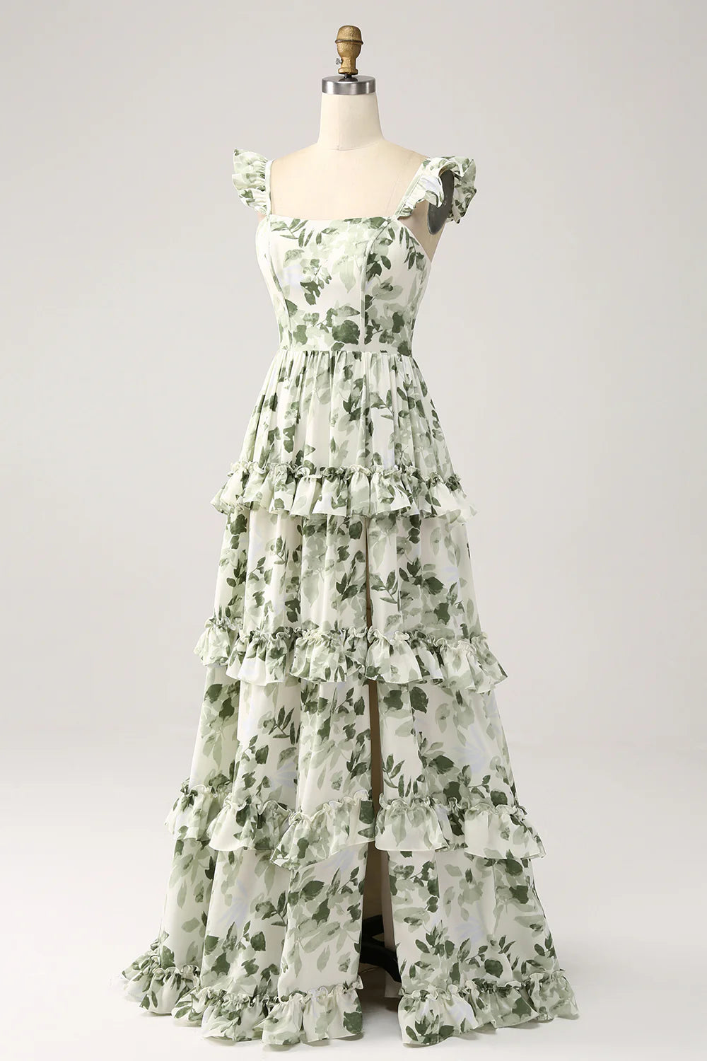 Beaira Green Floral Ruffles Tiered Prom Dress with Slit