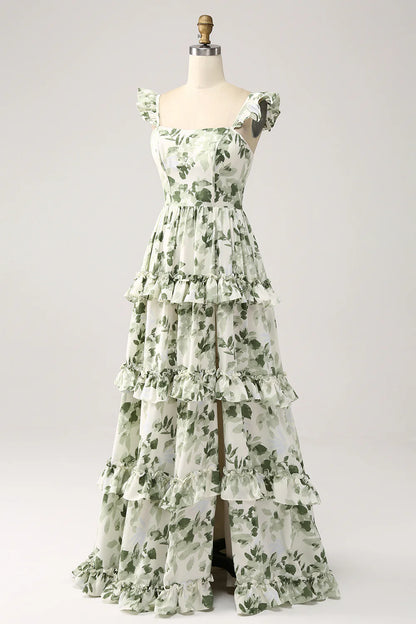 Beaira Green Floral Ruffles Tiered Prom Dress with Slit