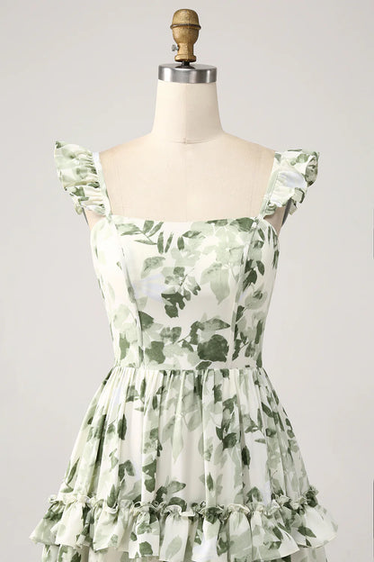 Beaira Green Floral Ruffles Tiered Prom Dress with Slit