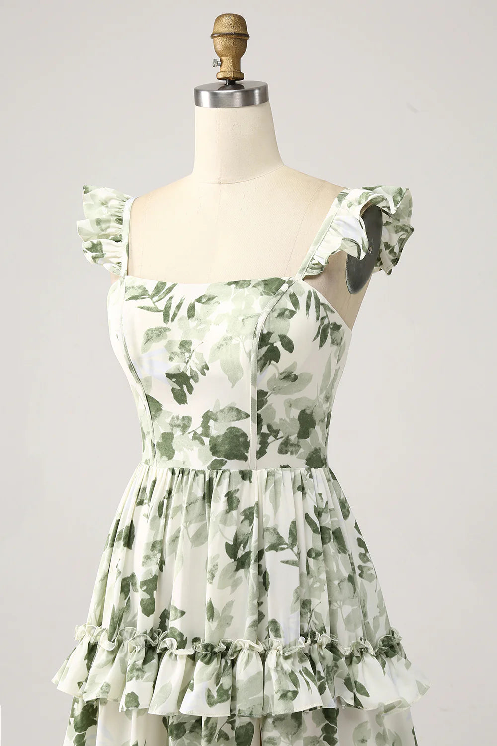 Beaira Green Floral Ruffles Tiered Prom Dress with Slit