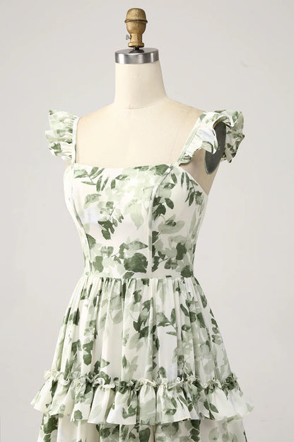 Beaira Green Floral Ruffles Tiered Prom Dress with Slit