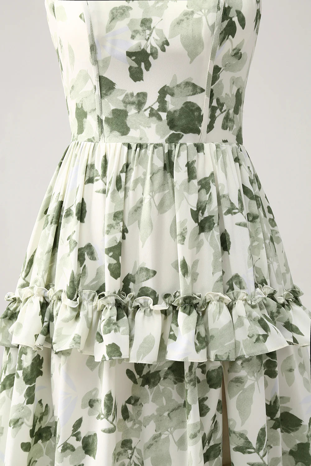 Beaira Green Floral Ruffles Tiered Prom Dress with Slit