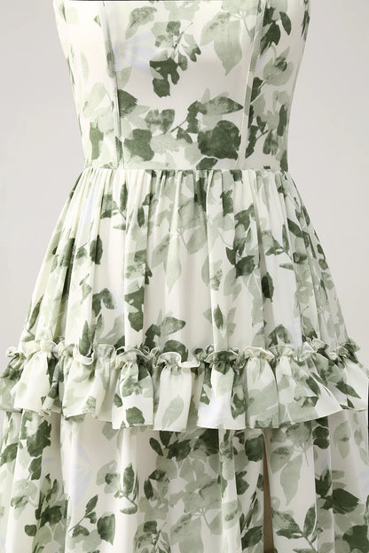 Beaira Green Floral Ruffles Tiered Prom Dress with Slit