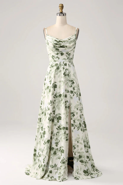 Beaira Cowl Neck Green Floral A Line Prom Dress with Slit