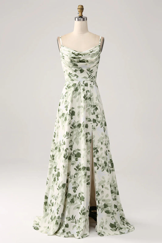 Beaira Cowl Neck Green Floral A Line Prom Dress with Slit