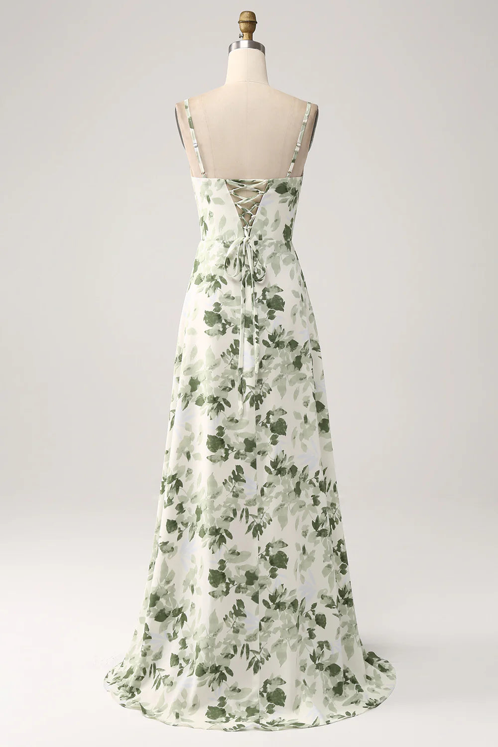 Beaira Cowl Neck Green Floral A Line Prom Dress with Slit