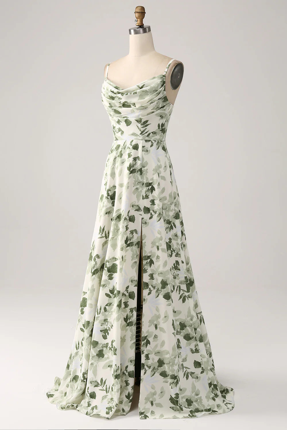 Beaira Cowl Neck Green Floral A Line Prom Dress with Slit