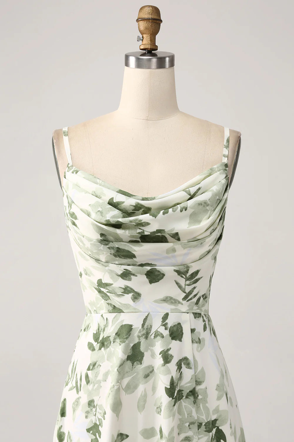 Beaira Cowl Neck Green Floral A Line Prom Dress with Slit