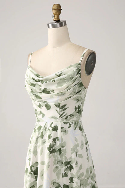 Beaira Cowl Neck Green Floral A Line Prom Dress with Slit
