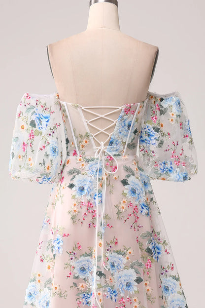 Beaira A-Line Apricot Flower Off the Shoulder Long Corset Prom Dress