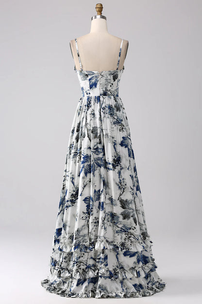 Beaira Pleated Blue Printed Corset Long Prom Dress with Slit