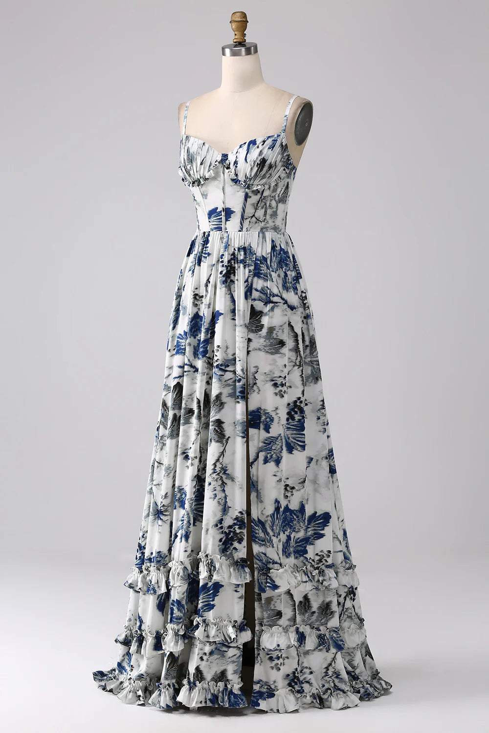 Beaira Pleated Blue Printed Corset Long Prom Dress with Slit