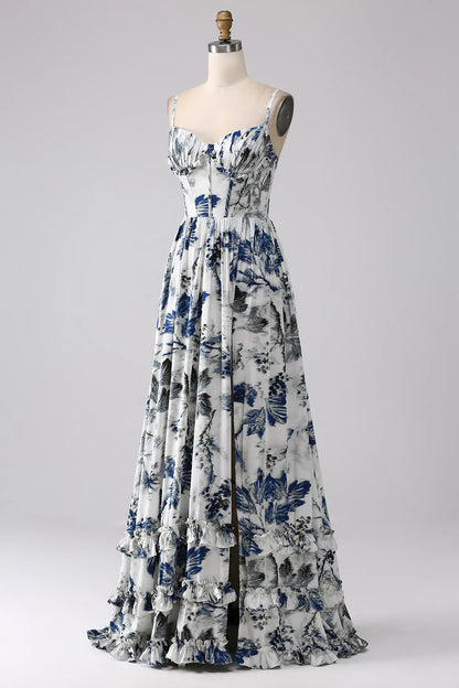 Beaira Pleated Blue Printed Corset Long Prom Dress with Slit