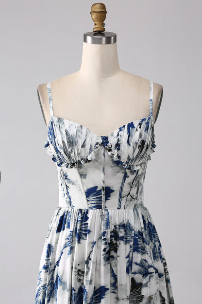 Beaira Pleated Blue Printed Corset Long Prom Dress with Slit