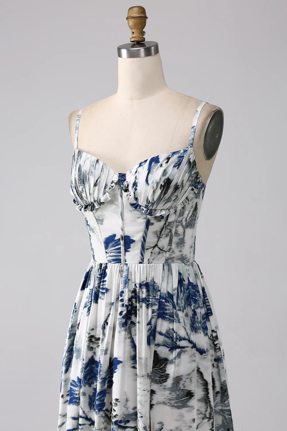 Beaira Pleated Blue Printed Corset Long Prom Dress with Slit