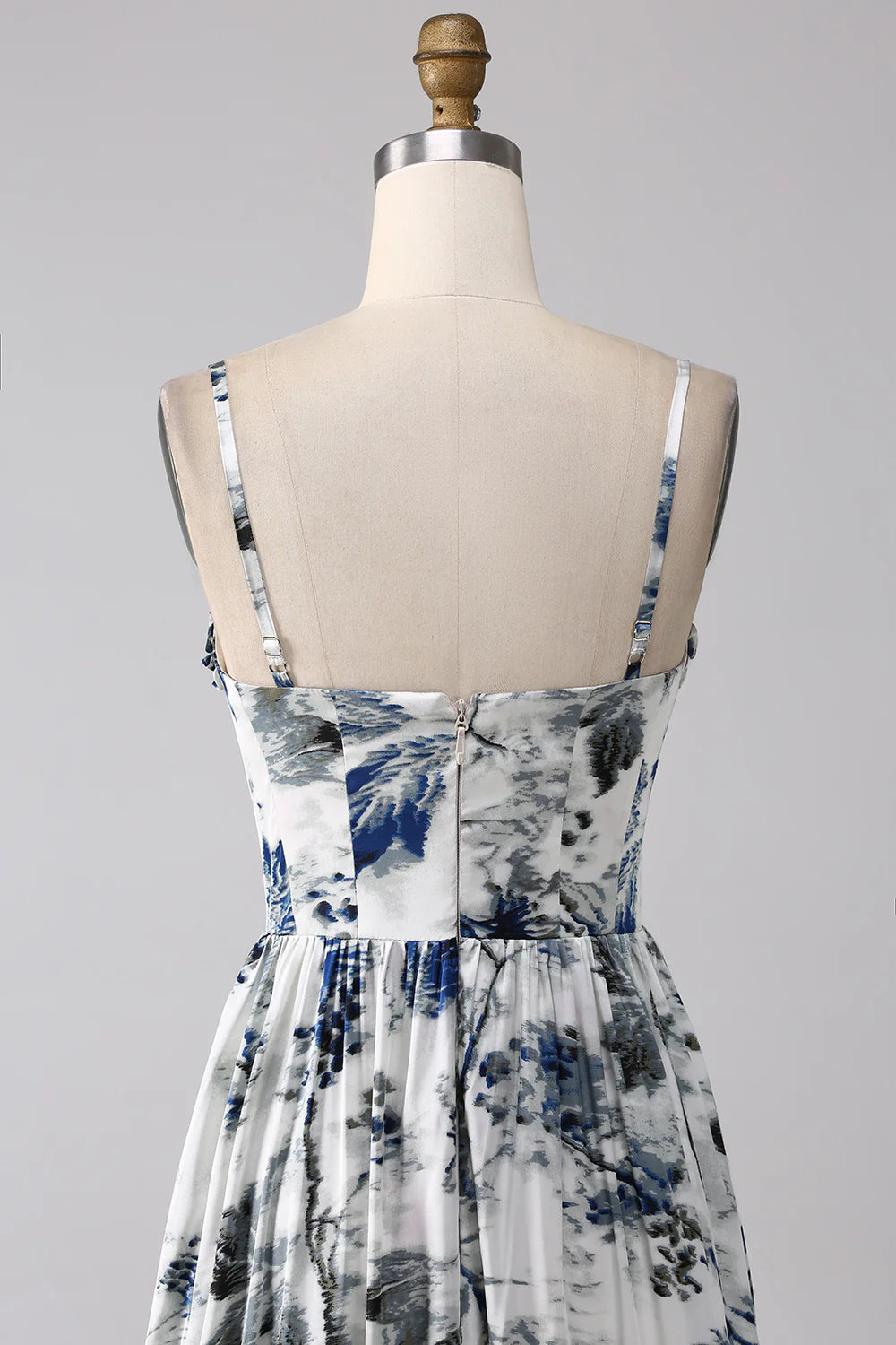 Beaira Pleated Blue Printed Corset Long Prom Dress with Slit