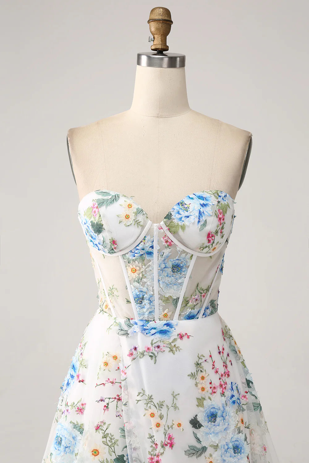 Beaira Ivory Flower A-Line Strapless Long Corset Prom Dress