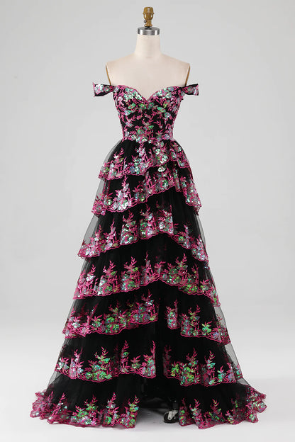 Sparkly Black Pink Tiered Lace A-Line Long Prom Dress with Slit